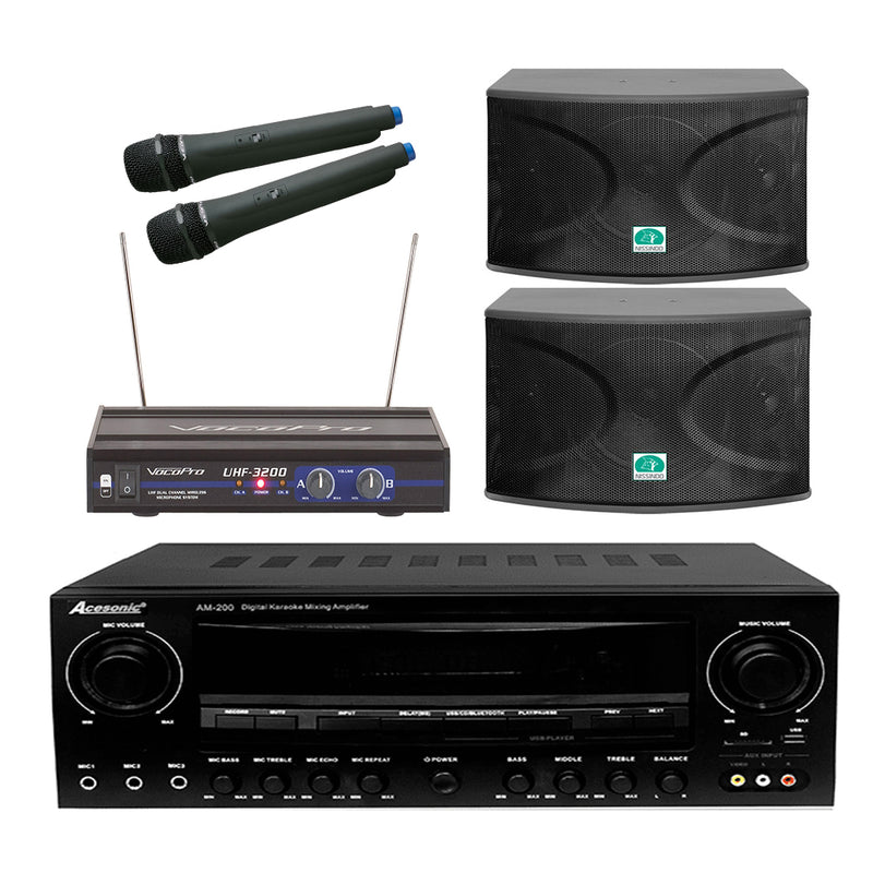 "Buy these together and save!" Acesonic AM200 Amplifier W/ Nissindo CS10 720 Speakers W/ Vocopro UHF-3200 Microphone